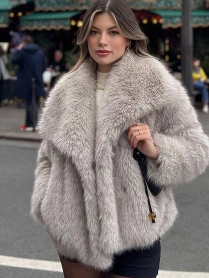 Winter Plush Coat Fashion Warm Thicken Fluffy Lapel Jacket Outwear Casual Long Sleeve Tops Womens Clothing