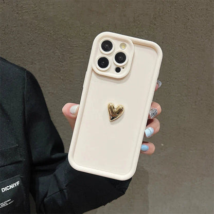 3D Gold Heart Silicone Soft Phone Case For iPhone 15 14 13 12 11 16 17 Pro Max XS XR 7 8 Plus SE Shockproof Candy Matte Cover